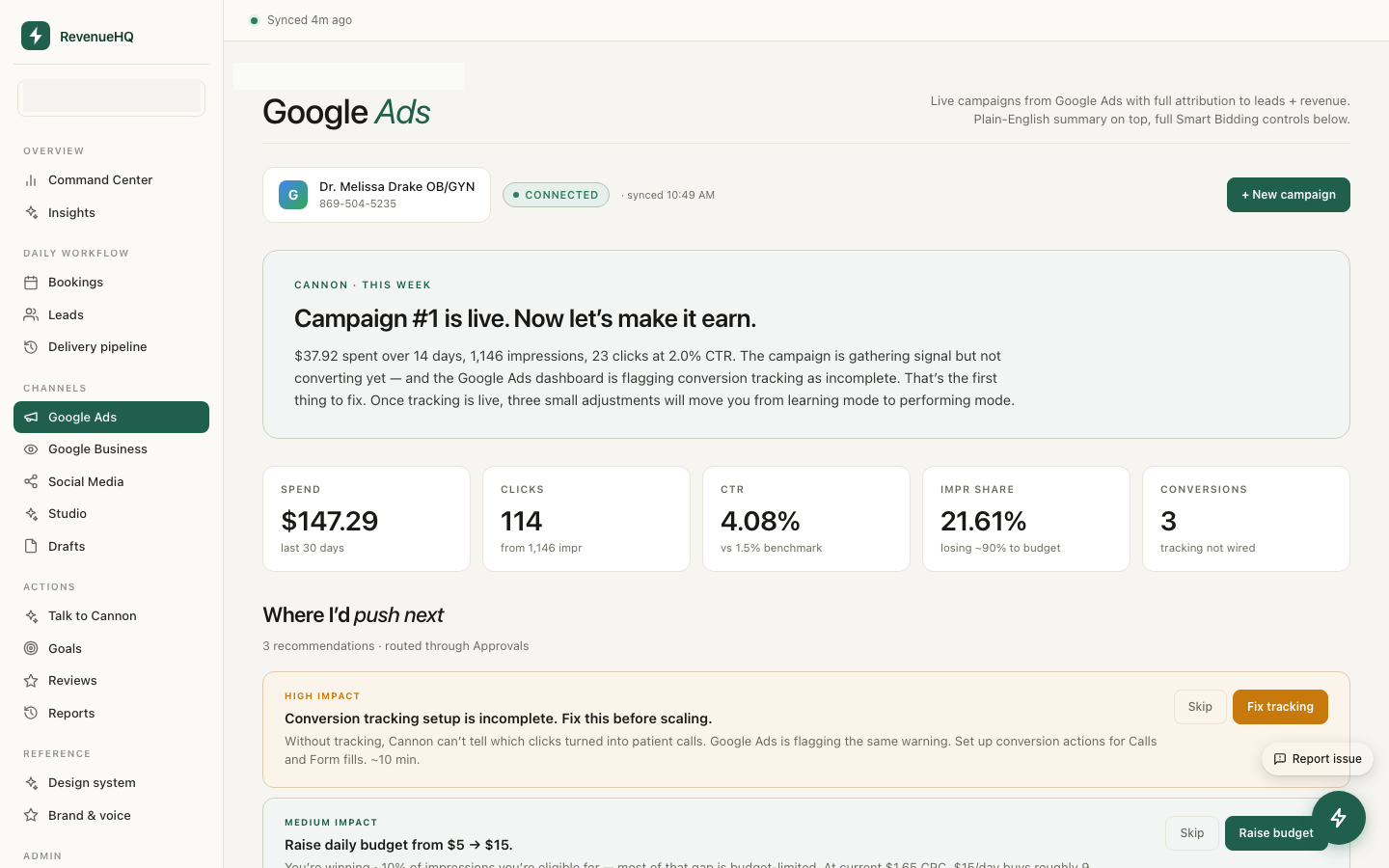 Google Ads performance dashboard